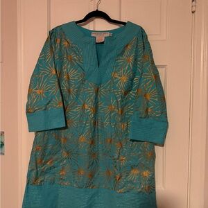 Gretchen Scott Designs Turquoise and Gold Long Sleeve Cover Up Dress